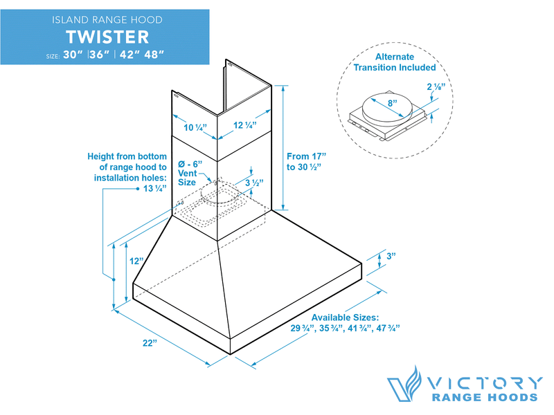 Technical dimension drawing of the VICTORY Twister available in 30, 36, 42, and 48-inch sizes with a height-adjustable chimney from 17 to 30.5 inches
