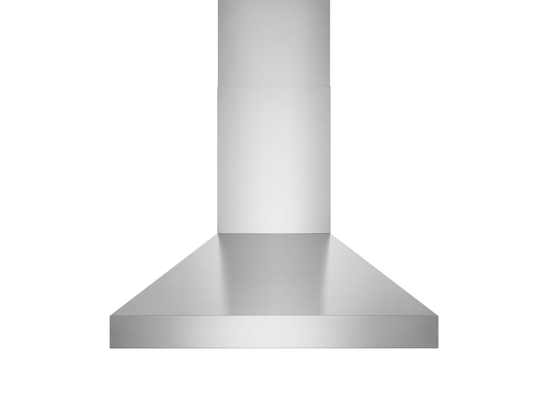 Full exterior view of the 30 Inch 750 CFM Wall Mount Range Hood crafted from premium 304-grade brushed stainless steel with seamless edges, classic pyramid silhouette, and durable design.