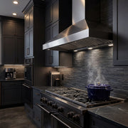 Twister Max 42 kitchen range hood above a black gas cooktop in a modern dark kitchen.