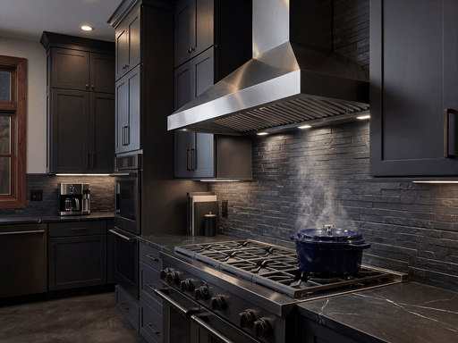 Victory TwisterMAX 42 Inch Wall Mount Range Hood installed above gas range with LED lights