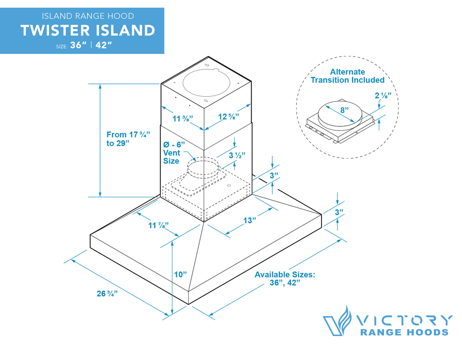 42 Inch Island Range Hood 750 CFM - VICTORY Twister Island