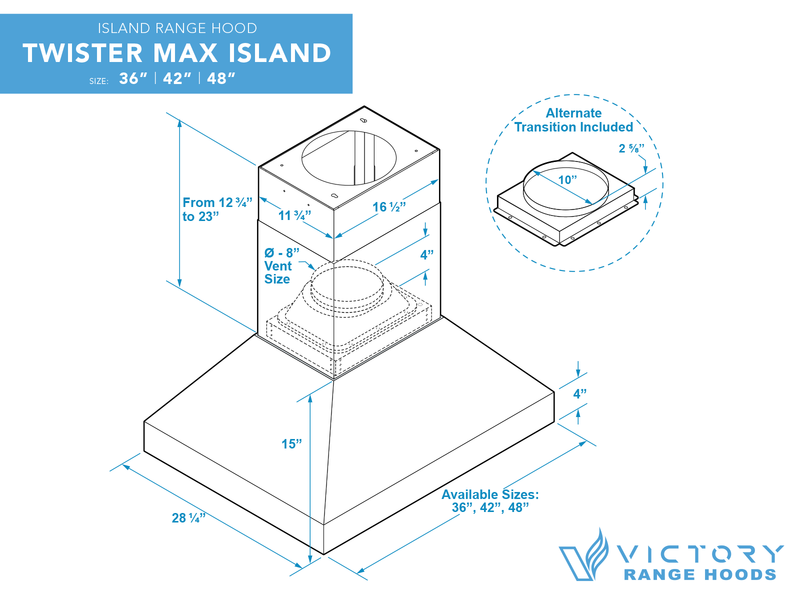36 Inch Island Range Hood 1200 CFM - VICTORY Twister MAX Island