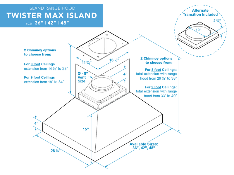 42 Inch Island Range Hood 1200 CFM - VICTORY Twister MAX Island