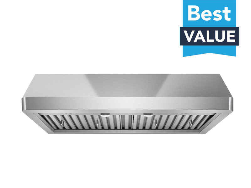 Front view of the 30-inch Cabinet Range Hood - VICTORY Verona with stainless steel finish, high-performance baffle filters, and its signature "Best Value" badge