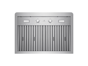Underside of the 30 Inch 900 CFM Verona range hood showing mechanical rotary dials and stainless baffle filters