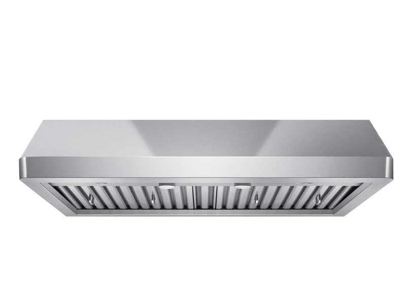 Front view of 42 inch Verona under cabinet range hood featuring dimmable LED lights and stainless steel baffle filters