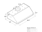 Technical diagram of 36 Inch Victory Verona Under Cabinet Range Hood showing dimensions: 35½" width, 22" depth, 9¾" height, and 8" duct diameter. Model VERONA-36.