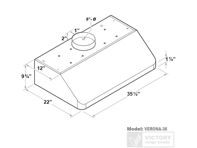 Technical diagram of 36 Inch Victory Verona Under Cabinet Range Hood showing dimensions: 35½" width, 22" depth, 9¾" height, and 8" duct diameter. Model VERONA-36.