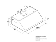 Technical dimensions diagram for the 30-inch Verona model showing a 22-inch depth, 9.75-inch height, and an 8-inch round top-venting duct connection
