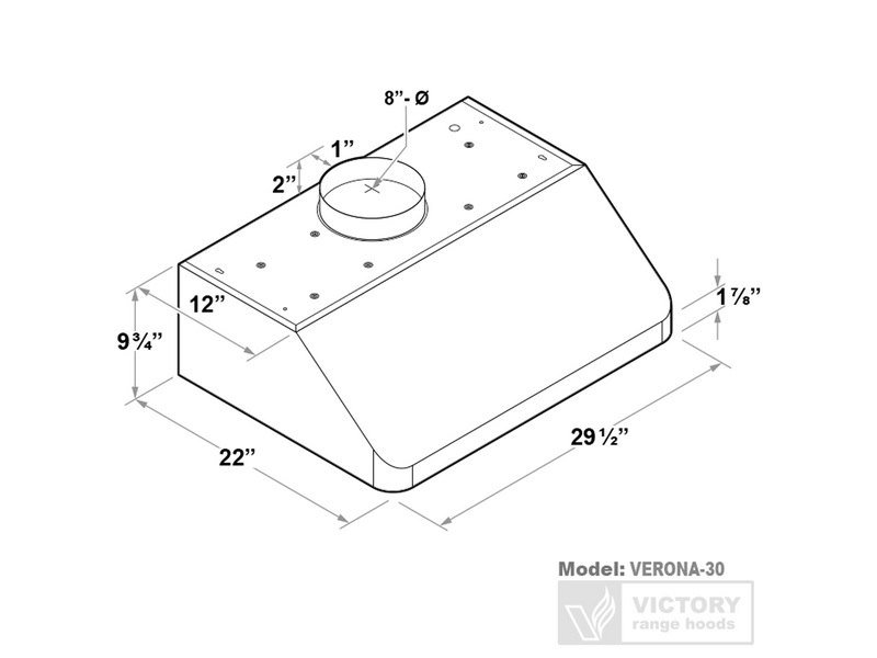 Technical dimensions diagram for the 30-inch Verona model showing a 22-inch depth, 9.75-inch height, and an 8-inch round top-venting duct connection