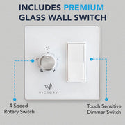 Victory Horizon range hood control panel featuring a white glass wall switch with 4-speed rotary and touch-sensitive dimmer.