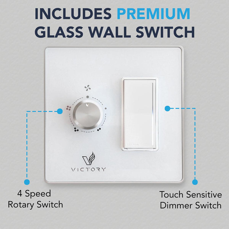 Victory Horizon range hood control panel featuring a white glass wall switch with 4-speed rotary and touch-sensitive dimmer.