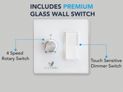 White VICTORY glass wall switch for the Sunset ceiling mount range hood with 4-speed tactile rotary dial and touch-sensitive LED dimmer for reliable control.