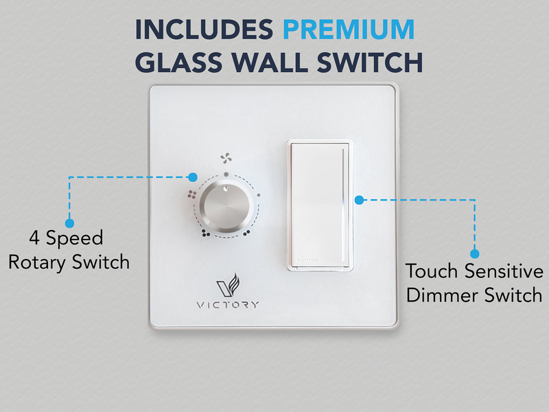 White VICTORY glass wall switch for the Sunset ceiling mount range hood with 4-speed tactile rotary dial and touch-sensitive LED dimmer for reliable control.