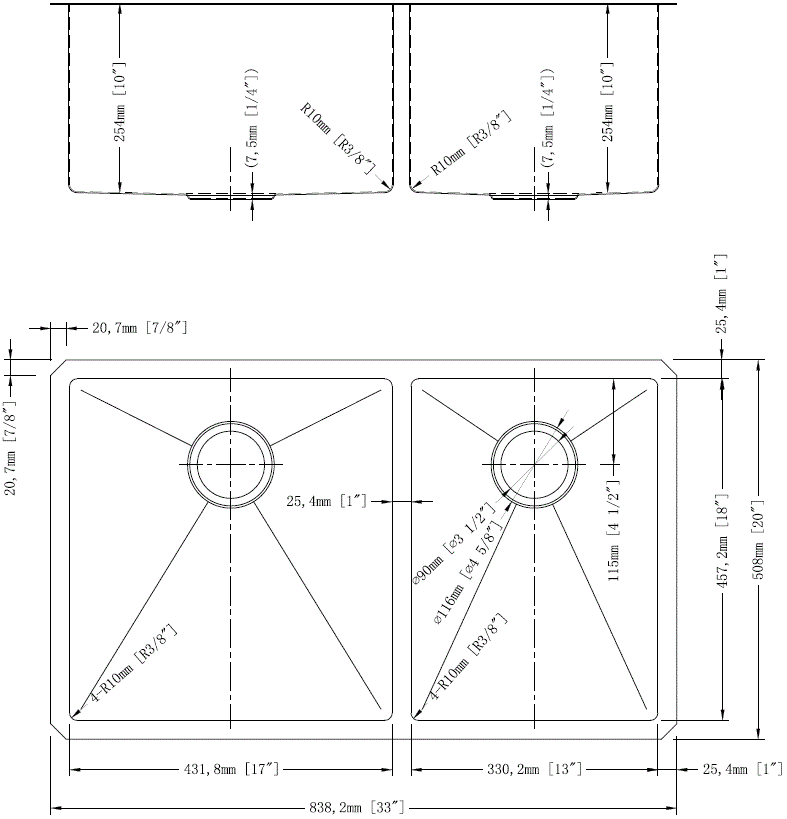 33" Double Bowl Under-Mount Sink - KS522