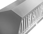 Close-up view of the seamless front edge and brushed 304 stainless steel canopy of the VICTORY Prestige 48-Inch