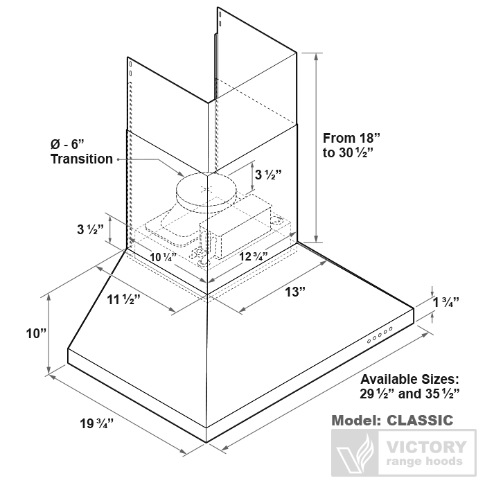 Hotte de cuisinière murale 600 CFM 30 pouces - Victory Classic