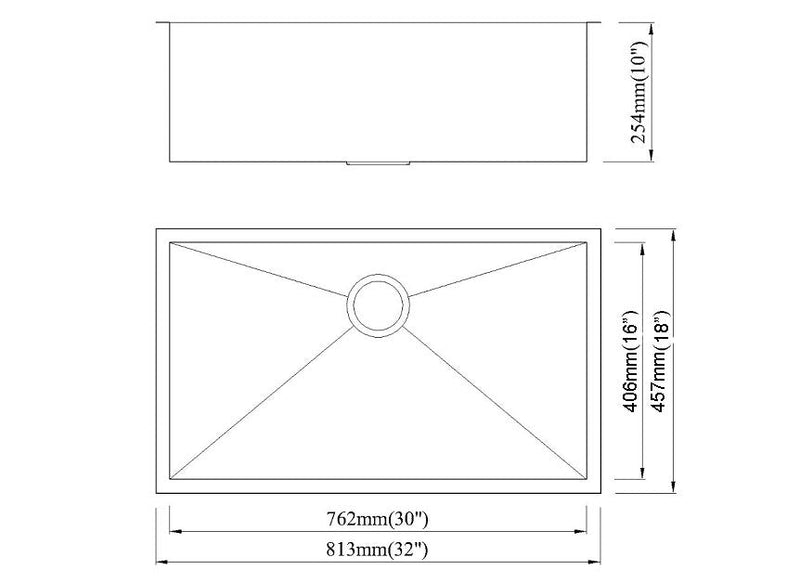 Technical engineering diagram for the Victory KS510 32" single bowl under-mount sink showing the dual-axis dimensions of 813mm width by 457mm length for exact countertop integration.