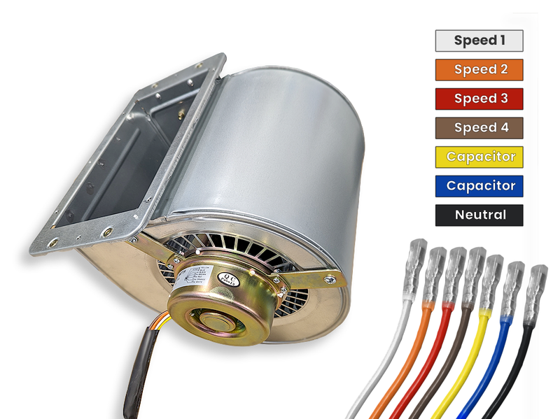 Replacement metal 600 CFM 4-speed blower for VICTORY hoods with labeled wiring colors