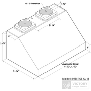 Technical dimensions diagram for the VICTORY Prestige 48-Inch showing the dual 10-inch duct transitions and 32-inch deep canopy