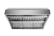 Under-cabinet view of the VICTORY Prestige 48-Inch outdoor range hood showcasing the commercial-grade baffle filter layout