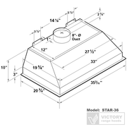 Dimensional diagram for Victory Star-36 range hood insert showing an 8-inch duct and unit measurements.