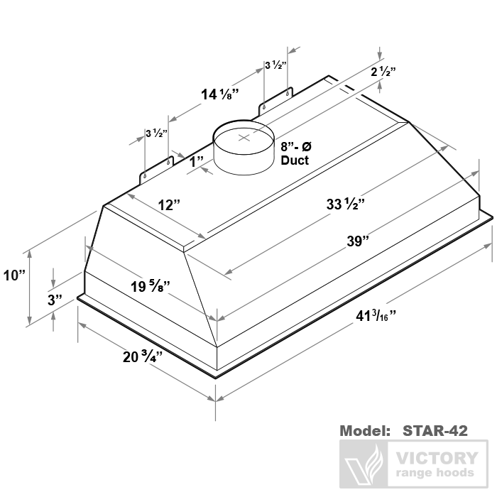 Dimensional diagram for the STAR-42 range hood insert showing the 41-3/16" width, 20-3/4" depth, and 8-inch round duct connection.
