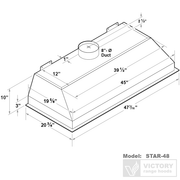 Technical dimensions for the 48 inch range hood insert showing the 8-inch duct and 21-inch mounting depth