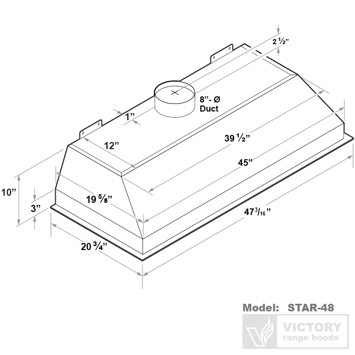 Technical dimensions for the 48 inch range hood insert showing the 8-inch duct and 21-inch mounting depth