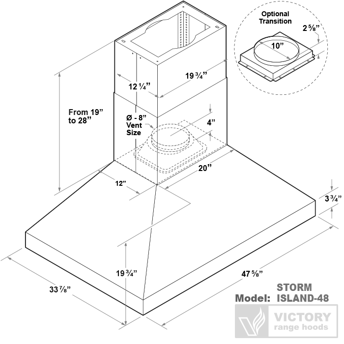 (Dented Unit) 48" Powerful Island Range Hood - VICTORY Storm