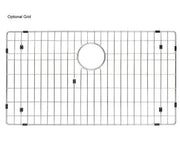 Schematic of the optional bottom sink grid for the 32 inch single bowl under-mount sink, featuring rubber bumpers to prevent surface scratches.