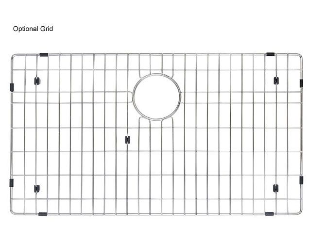 Schematic of the optional bottom sink grid for the 32 inch single bowl under-mount sink, featuring rubber bumpers to prevent surface scratches.